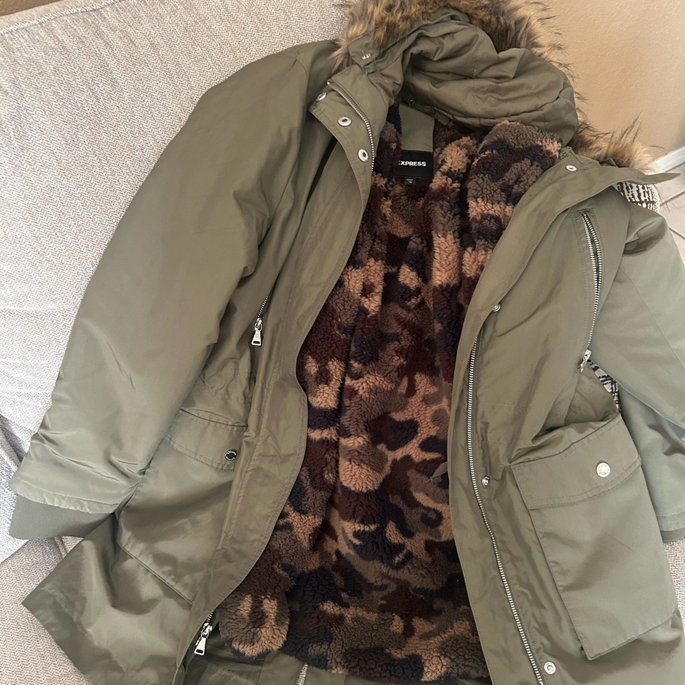 Express Olive Utility Jacket with Faux Fur